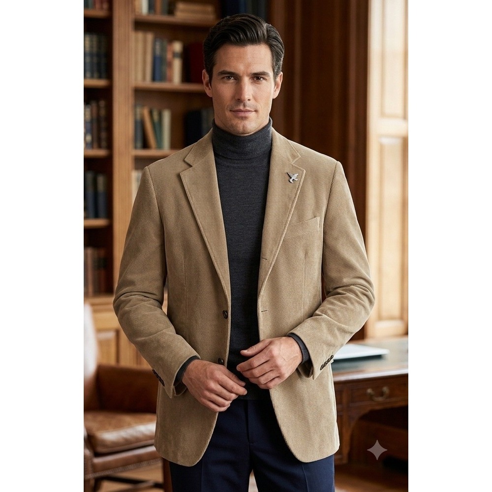 LaCrosse Corduroy 3-Button Sport Coat Jacket Men's Mesh Lined Size 44L Bird Pin